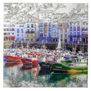 Colourful fishing boats in Luarca, Asturias, Spain Tile