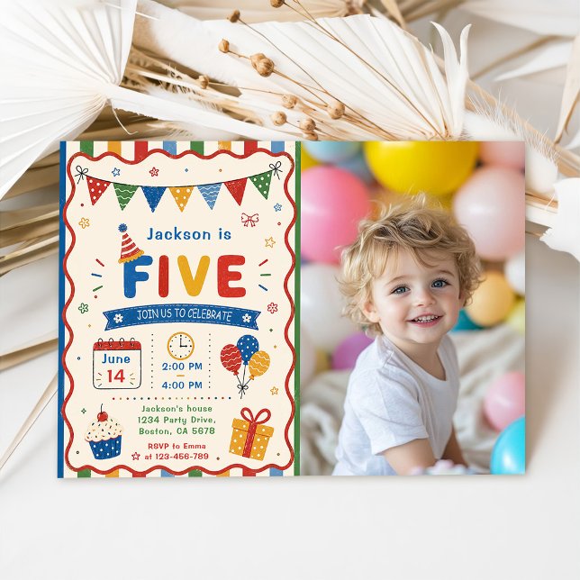 Colourful FIVE 5th Birthday Party Invitation (Creator Uploaded)