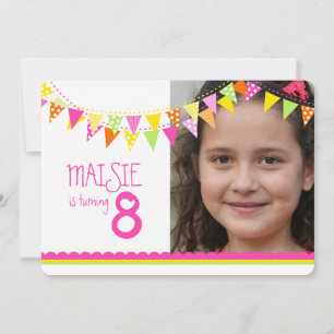 Colourful flags girls 8th birthday party pink invitation