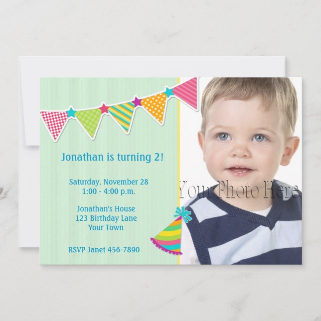 Colourful Flags, Green, Birthday Photo Invitation (Front)