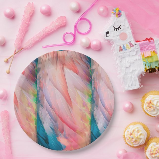 Colourful Flamingo Feathers Paper Plate (Party)
