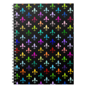 Colourful fleur de lis pattern on black notebook