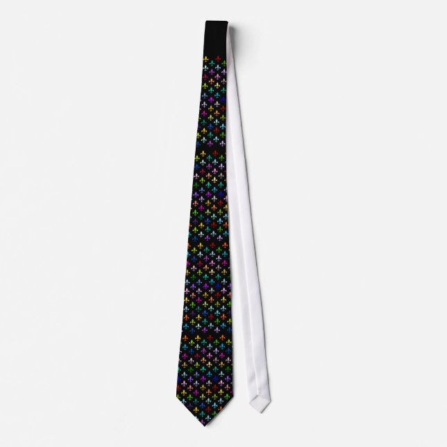 Colourful fleur de lis pattern on black tie (Front)