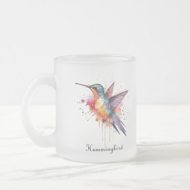 Colourful Flight, watercolor hummingbird custom Frosted Glass Coffee Mug (Left)