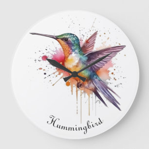 Colourful Flight, watercolor hummingbird custom Large Clock