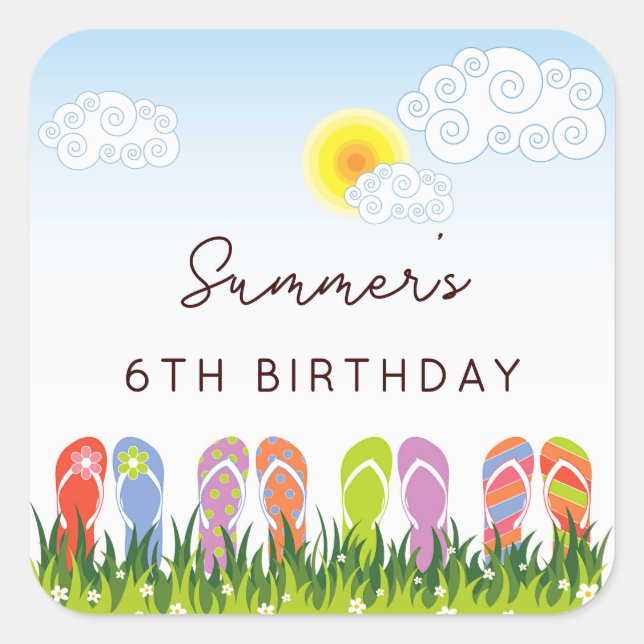 Colourful Flip Flops Fun In The Sun Birthday Party Square Sticker (Front)