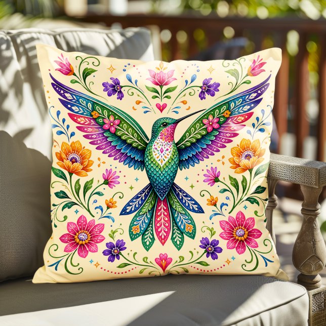 Colourful Flok Art Hummingbird Cushion (Creator Uploaded)