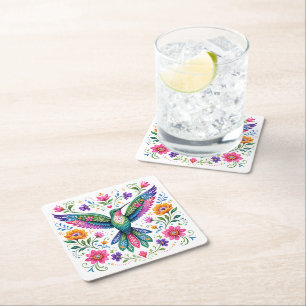 Colourful Flok Art Hummingbird Square Paper Coaster
