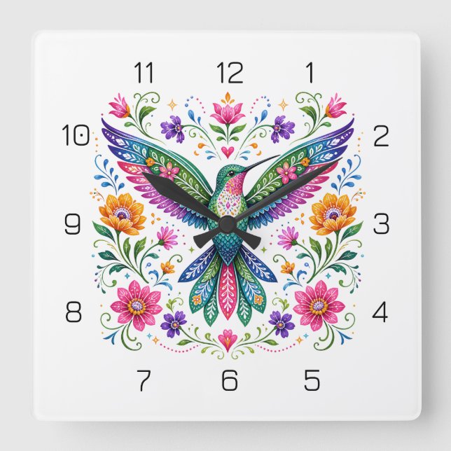 Colourful Flok Art Hummingbird Square Wall Clock (Front)
