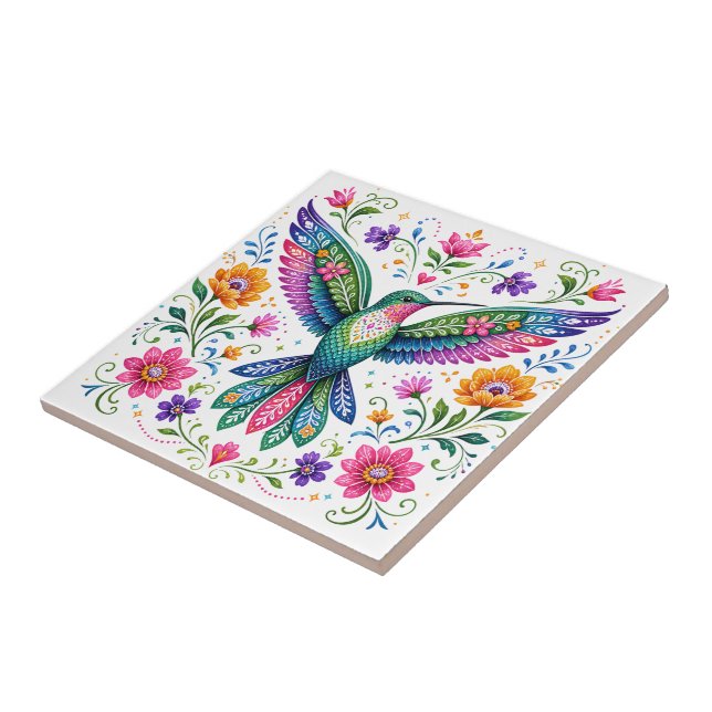 Colourful Flok Art Hummingbird Tile (Side)
