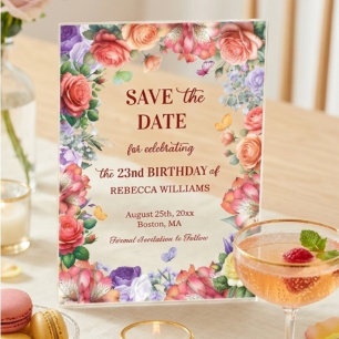 Colourful Floral 23rd Birthday Party Save the Date Acrylic Invitations