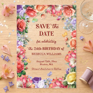 Colourful Floral 24th Birthday Party Save the Date Acrylic Invitations