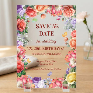 Colourful Floral 29th Birthday Party Save the Date Acrylic Invitations