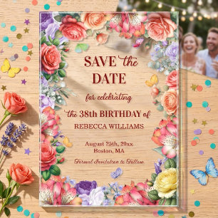 Colourful Floral 38th Birthday Party Save the Date Acrylic Invitations