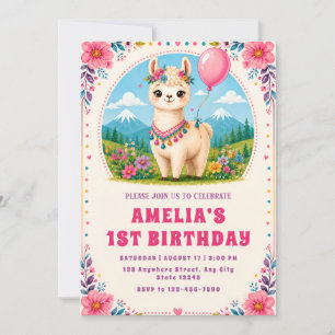 Colourful Floral Alpaca First Birthday Invitation