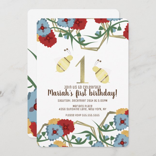 Colourful Floral and Bee Garden  First Birthday Invitation (Front/Back)