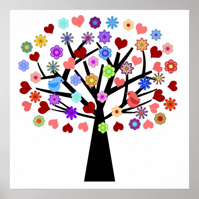 Colourful Floral and Hearts with Lovebirds Tree Poster (Front)
