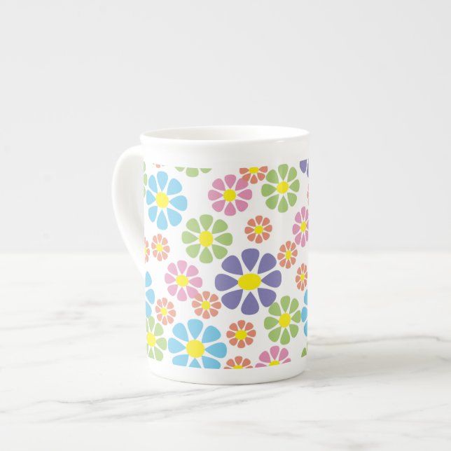 Colourful floral art pattern bone china mug (Front Left)