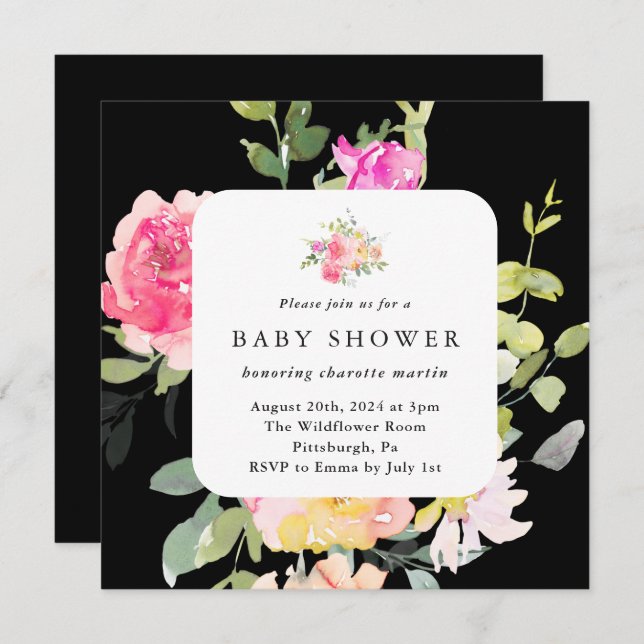 Colourful Floral Baby Shower QR Code Black Invitation (Front/Back)