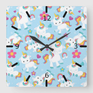 Colourful Floral Baby Unicorns Rainbows & Hearts Square Wall Clock