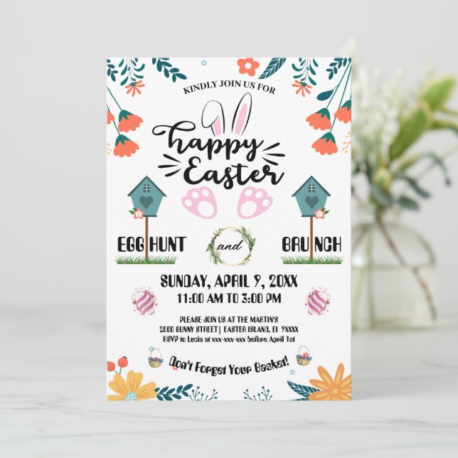Colourful Floral & Birdhouse Easter Egg Hunt Party Invitation (Standing Front)