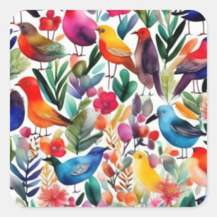 Colourful floral birds square sticker