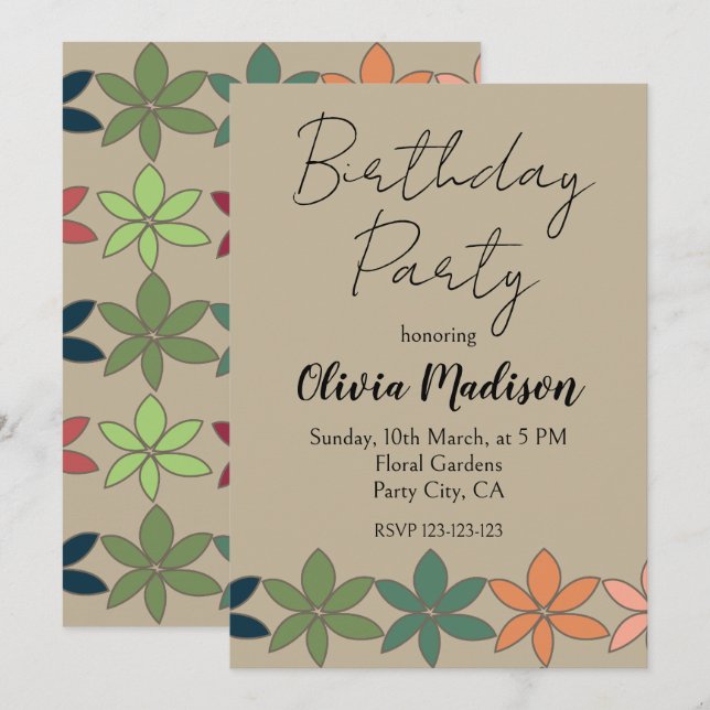 Colourful Floral Birthday  Invitation (Front/Back)
