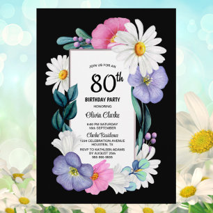 Colourful Floral Black 80th Birthday Party Invitation