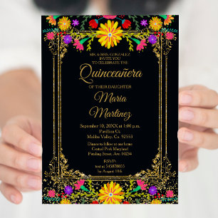 Colourful Floral & Black Background Quinceañera  Invitation