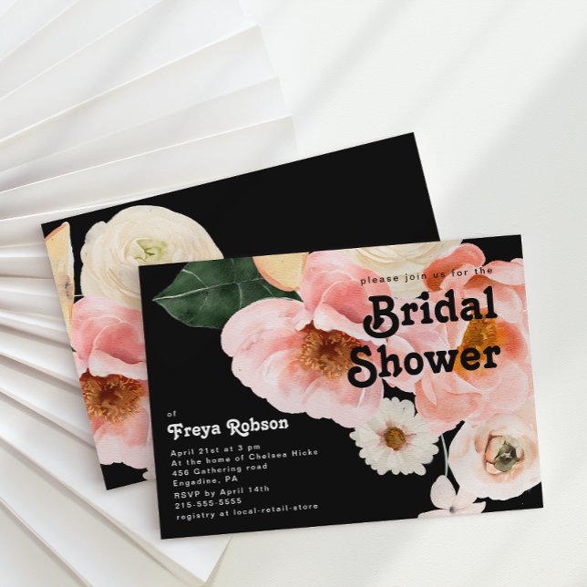 Colourful Floral | Black Horizontal Bridal Shower Invitation (Creator Uploaded)