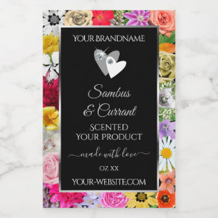 Colourful Floral Black Product Labels with Hearts