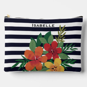Colourful Floral Black White Striped Personalised Accessory Pouch