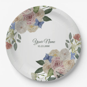 Colourful Floral Blue Butterfly Green Wedding Part Paper Plate