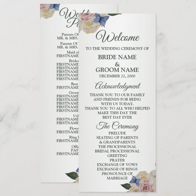 Colourful Floral Blue Butterfly Green Wedding  Programme (Front/Back)