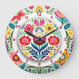 Colourful Floral Boho Painting two crowns  Large Clock