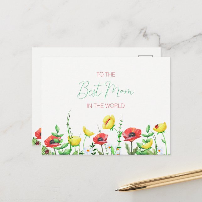 Colourful Floral Border Modern Typography Best Mum Postcard (Front/Back In Situ)