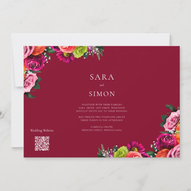 Colourful Floral Burgundy Wedding Invitation (Front)