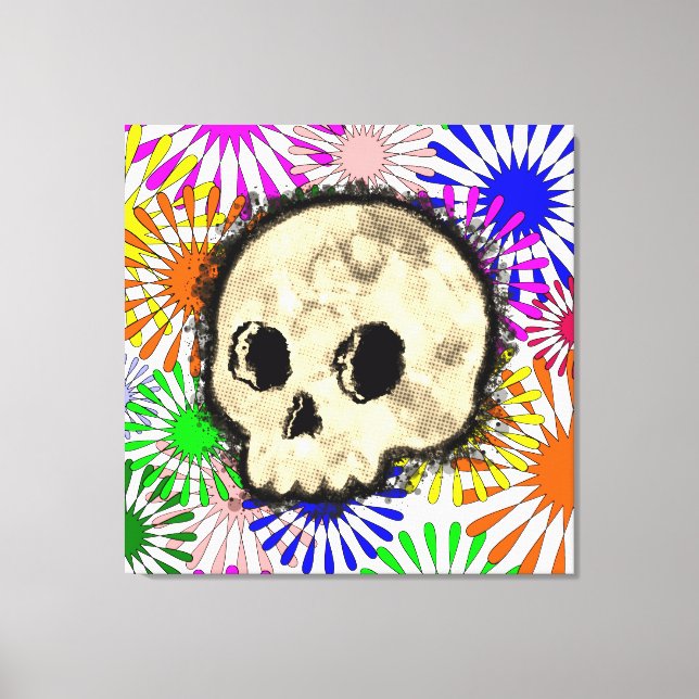 Colourful Floral Burst Skull Watercolor Canvas Print (Front)