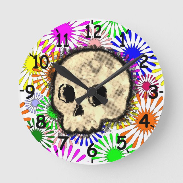 Colourful Floral Burst Skull Watercolor Round Clock (Front)