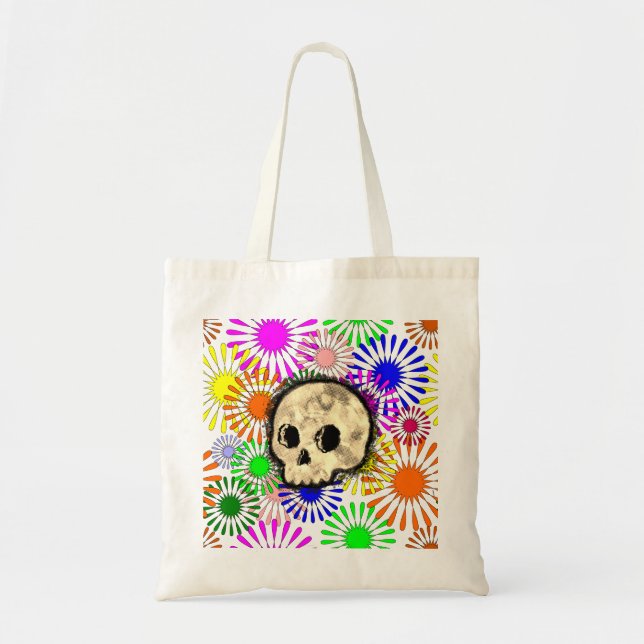 Colourful Floral Burst Skull Watercolor Tote Bag (Front)
