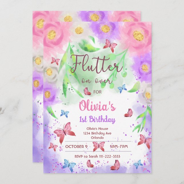 Colourful Floral Butterfly Birthday Invitation (Front/Back)