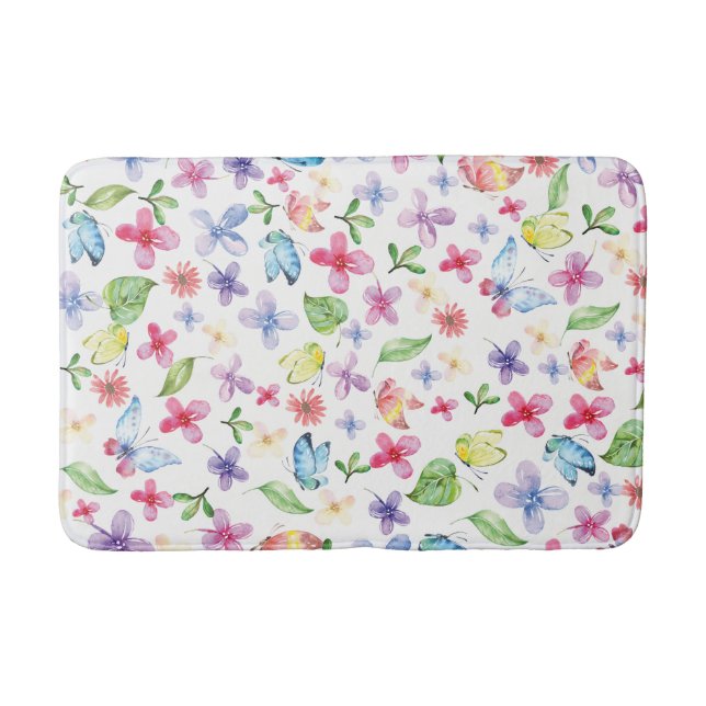 Colourful floral butterfly watercolor bath mat (Front)