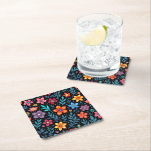 Colourful Floral Button Background Square Paper Coaster