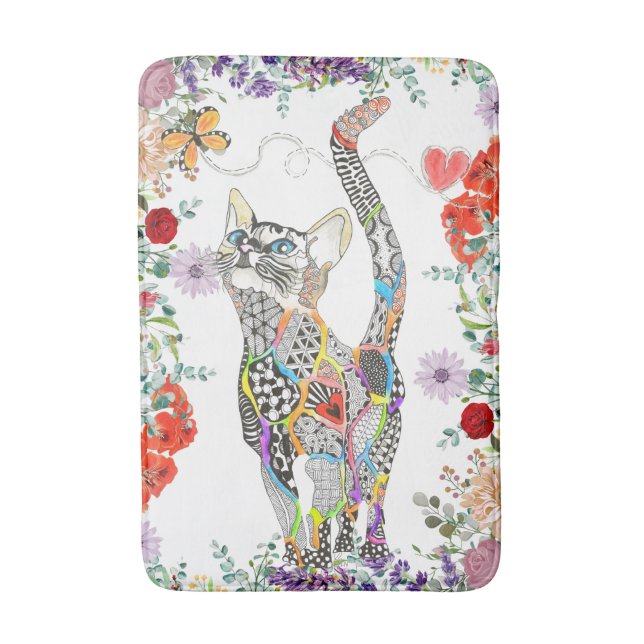 Colourful Floral Cat Bath Mat (Front Vertical)