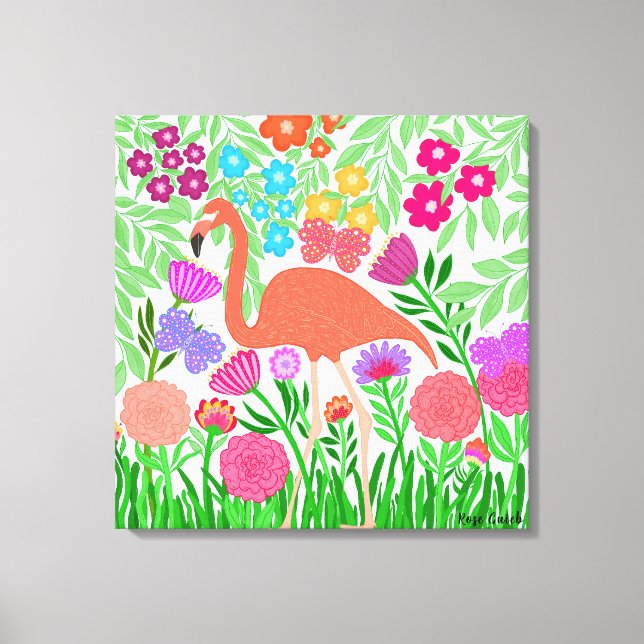 Colourful Floral Coral Flamingo Art Canvas Print (Front)