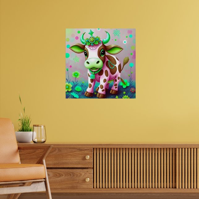 Colourful Floral Cow Indian Style Poster (Living Room 2)