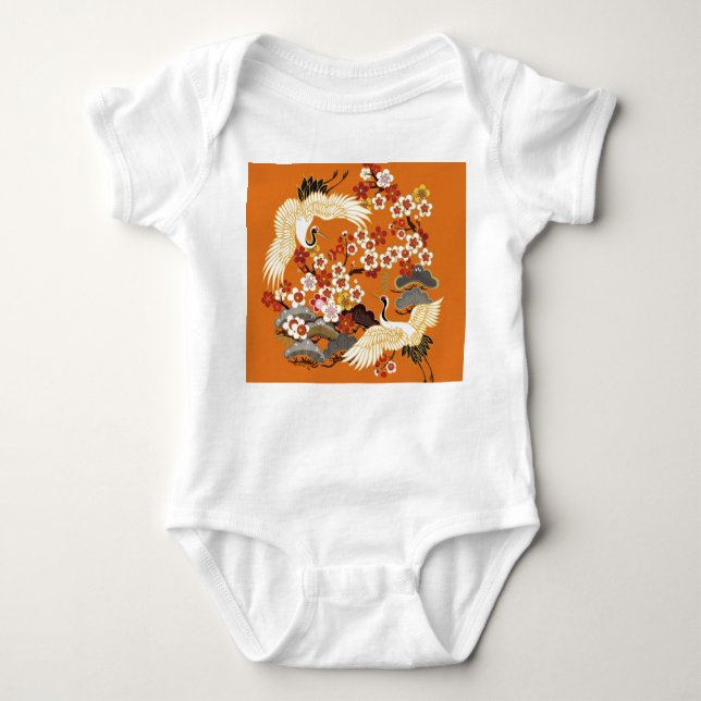 Colourful Floral Cranes Sakura Pattern Baby Bodysuit (Front)
