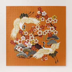 Colourful Floral Cranes Sakura Pattern Jigsaw Puzzle