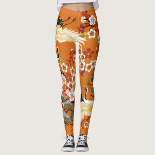 Colourful Floral Cranes Sakura Pattern Leggings