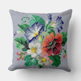 Colourful Floral Cross Stitch Style Throw Pillow